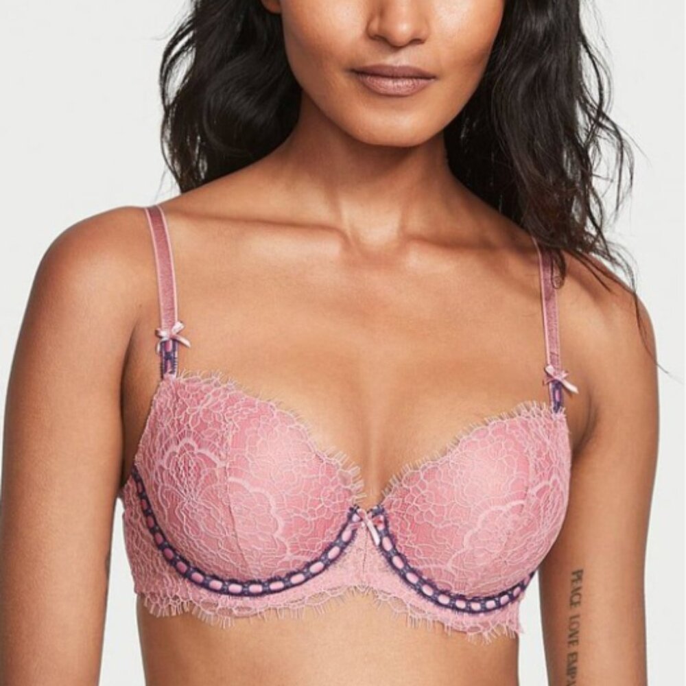 NWOT! 36DD Victoria’s Secret Dream Angels, Lined Demi Bra, Pink Lace & Navy Blue